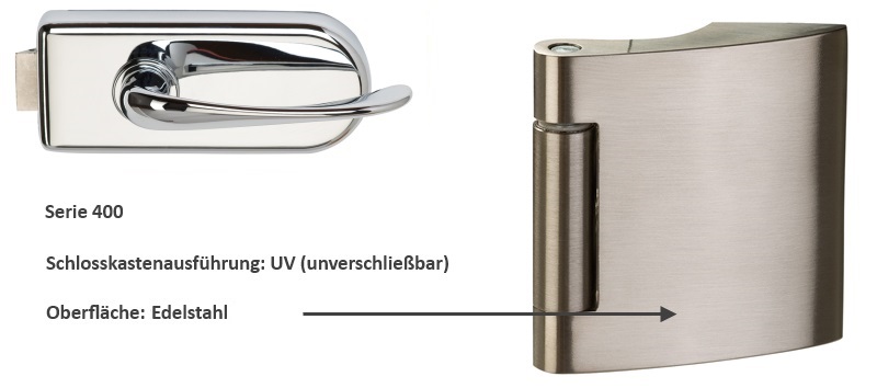 Glastür Beschlagset Serie 400 Oberfläche: Edelstahl Ausführung: UV (unverschließbar)